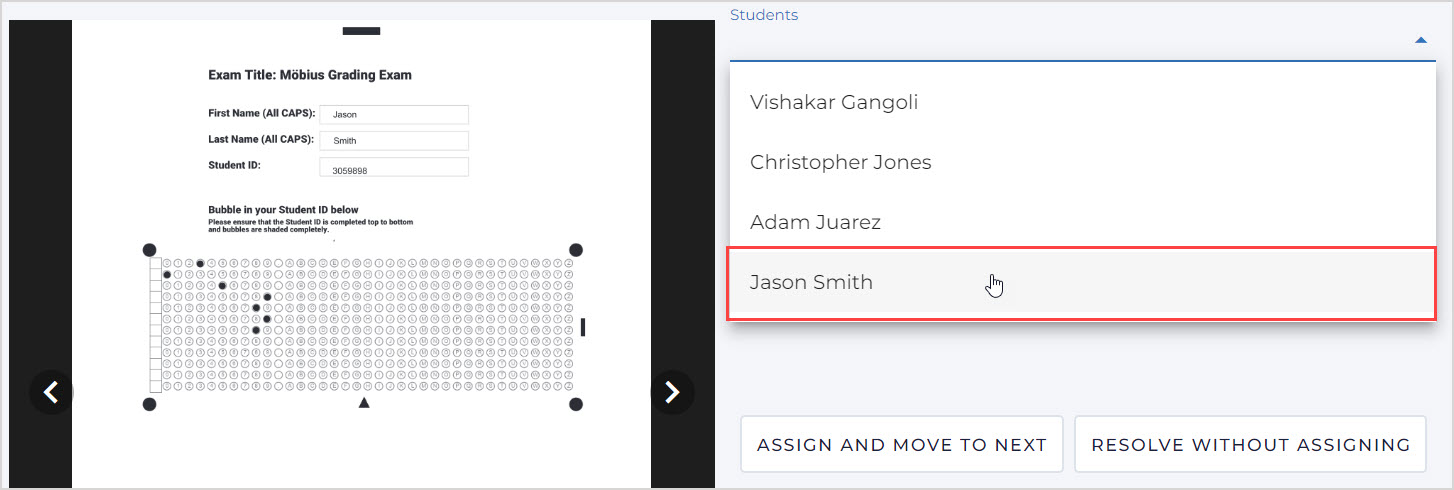The Assign Exams window is shown. On the right of the page, the Students dropdown menu is open and Jason Smith is an entry.